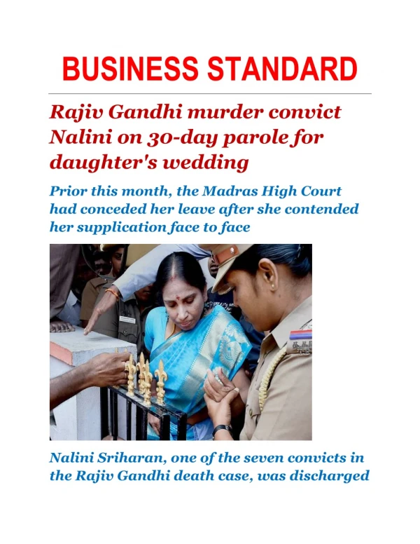 Rajiv Gandhi murder convict Nalini on 30-day parole for daughter's wedding