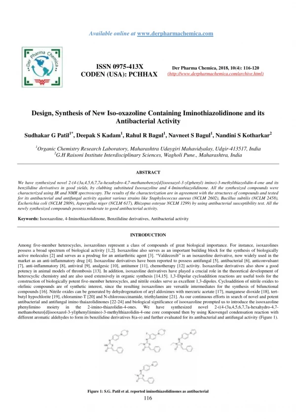 Design, Synthesis of New Iso-oxazoline Containing Iminothiazolidinone and its Antibacterial Activity