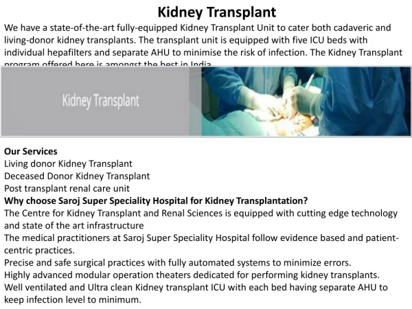 Best Kidney Transplant Centers in Delhi, India | Saroj Hospital