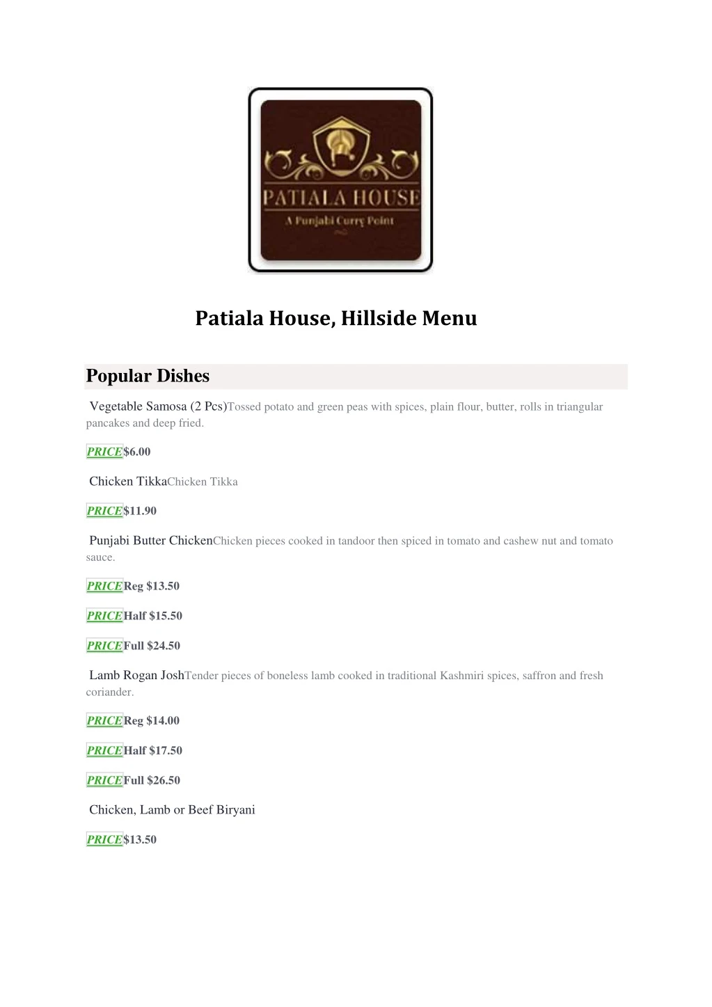 patiala house hillside menu