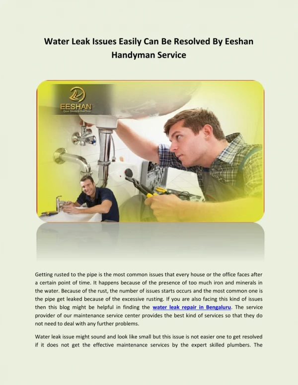 Water Leak Issues Easily Can Be Resolved By Eeshan Handyman Service