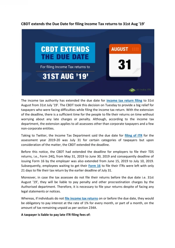 CBDT extends the Due Date for filing Income Tax returns to 31st Aug '19'