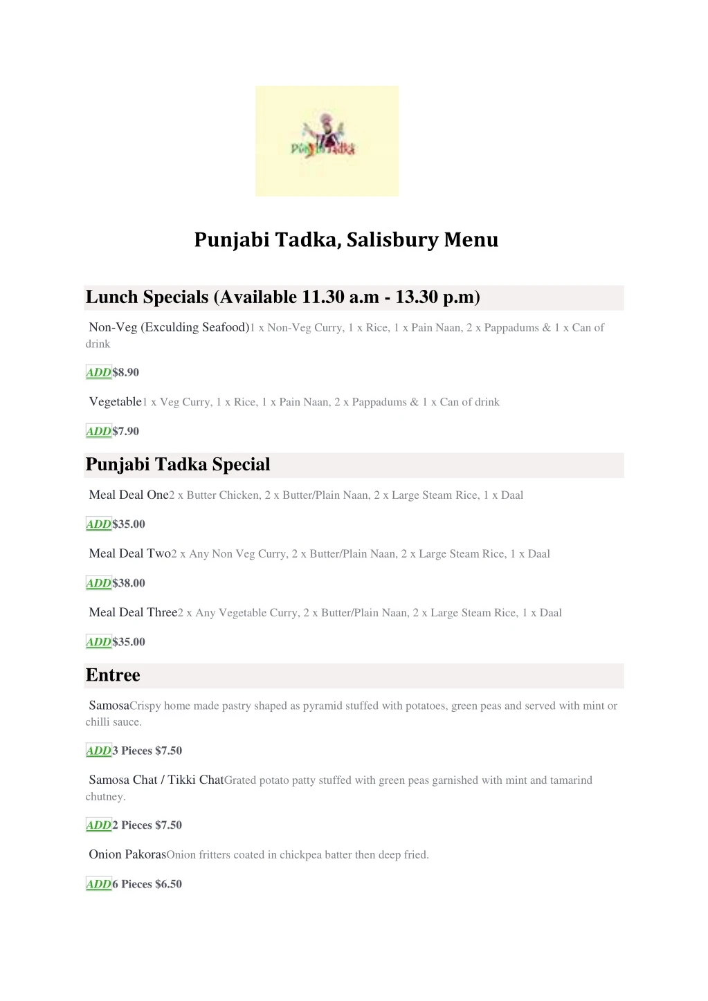 punjabi tadka salisbury menu