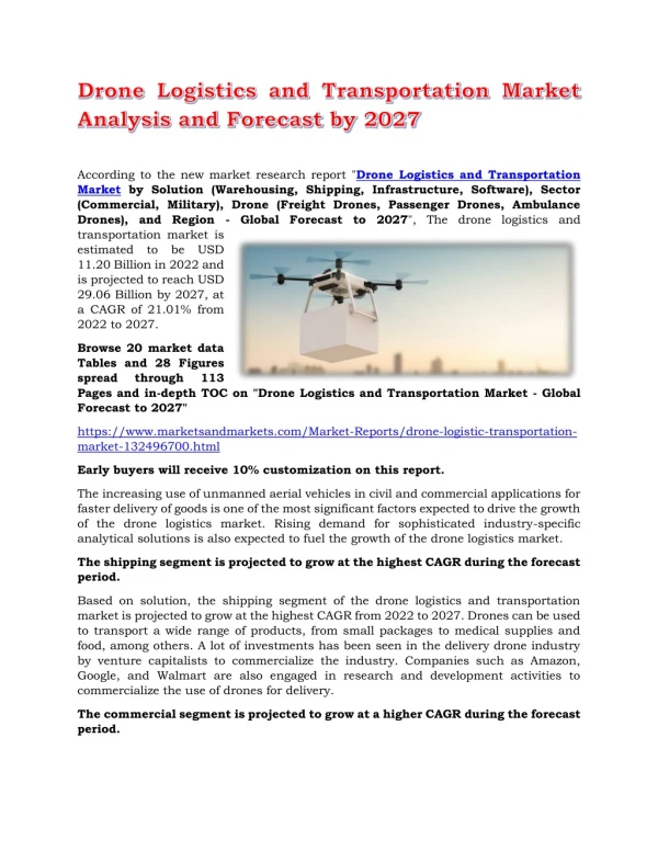 Drone Logistics and Transportation Market Analysis and Forecast by 2027