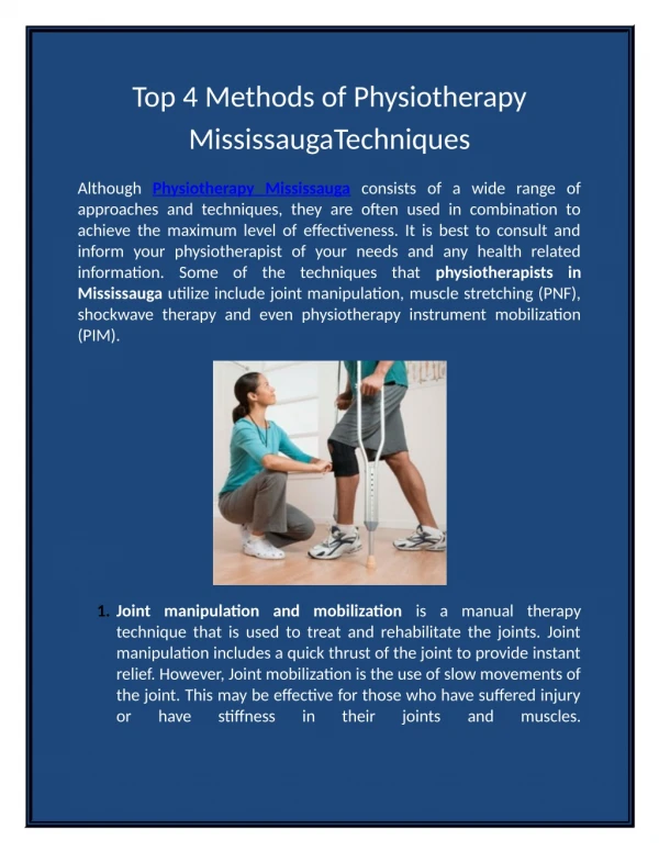 Top 4 Methods of Physiotherapy MississaugaTechniques