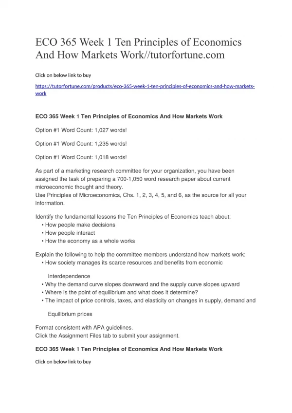 ECO 365 Week 1 Ten Principles of Economics And How Markets Work//tutorfortune.com