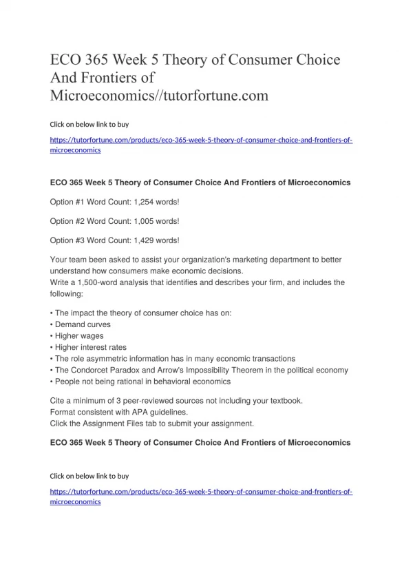 ECO 365 Week 5 Theory of Consumer Choice And Frontiers of Microeconomics//tutorfortune.com