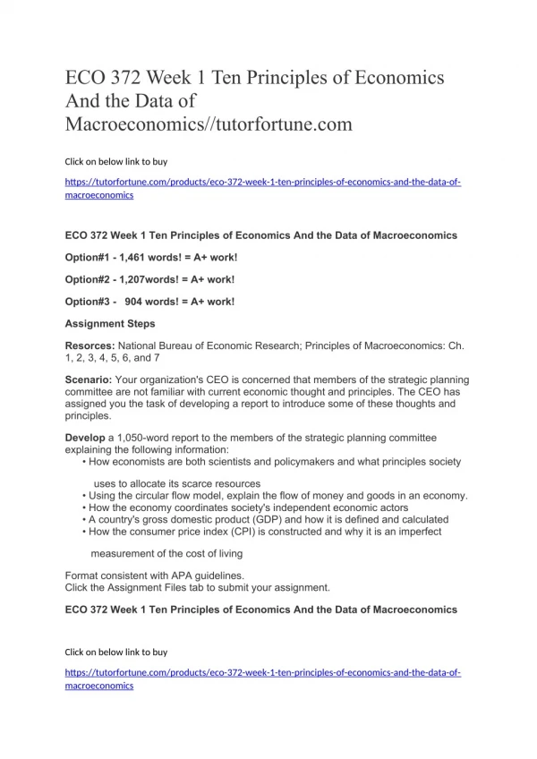 ECO 372 Week 1 Ten Principles of Economics And the Data of Macroeconomics//tutorfortune.com