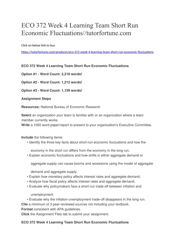 ECO 372 Week 4 Learning Team Short Run Economic Fluctuations//tutorfortune.com