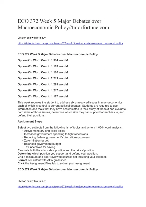 ECO 372 Week 5 Major Debates over Macroeconomic Policy//tutorfortune.com