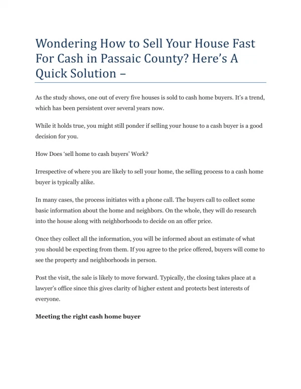 Wondering How To Sell Your House Fast For Cash In Passaic County? Here’s A Quick Solution –
