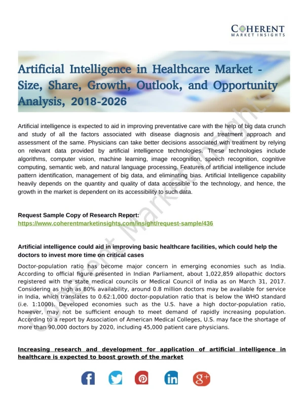 Artificial Intelligence in Healthcare Market Is Expected to Garner Growth by 2026