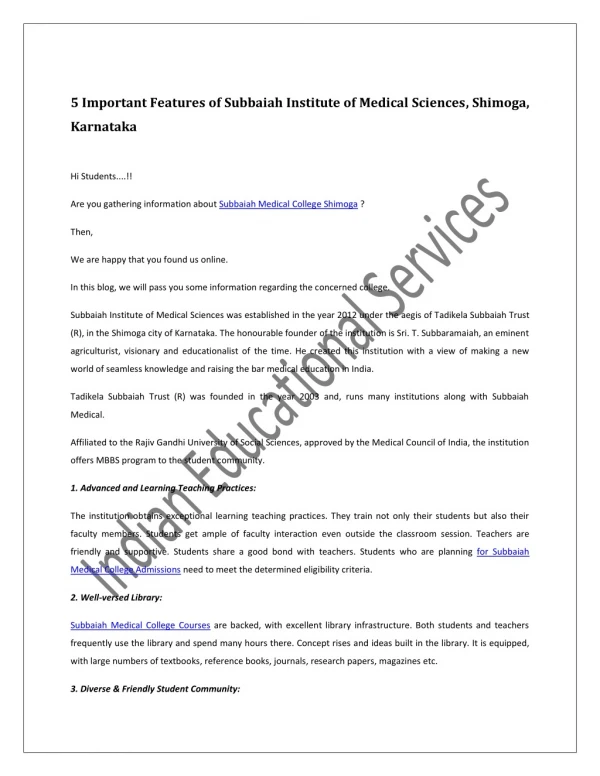 5 Important Features of Subbaiah Institute of Medical Sciences, Shimoga, Karnataka