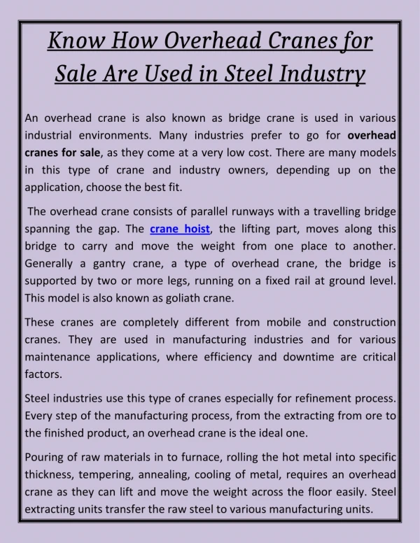 Know How Overhead Cranes for Sale Are Used in Steel Industry