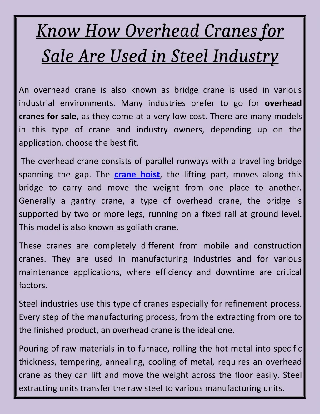 know how overhead cranes for sale are used