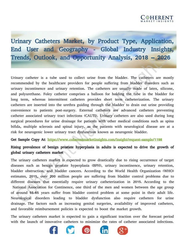 Urinary Catheters Market Forecast to 2026 with Key Companies Profile, Supply and Growth Factors