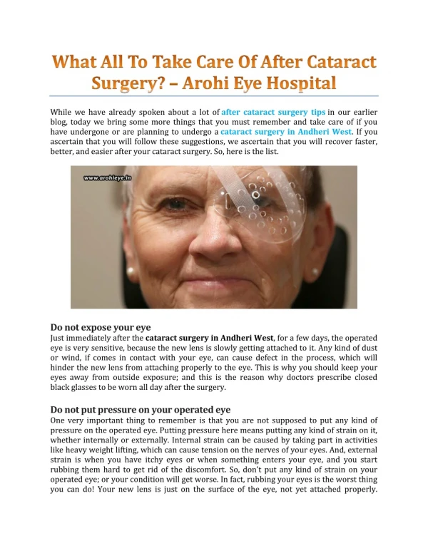 What All To Take Care Of After Cataract Surgery? - Arohi Eye Hospital