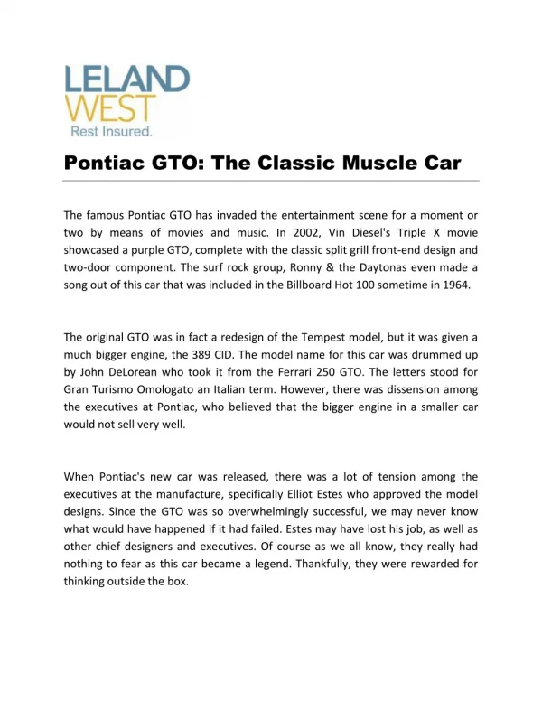 Pontiac GTO: The Classic Muscle Car