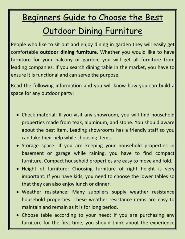 Beginners Guide to Choose the Best Outdoor Dining Furniture