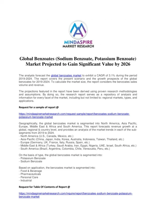 Global Benzoates (Sodium Benzoate, Potassium Benzoate) Market Projected to Gain Significant Value by 2026