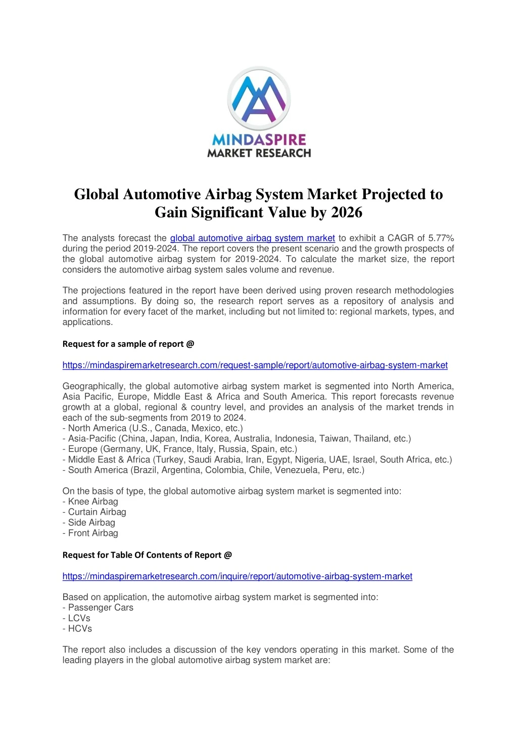 global automotive airbag system market projected
