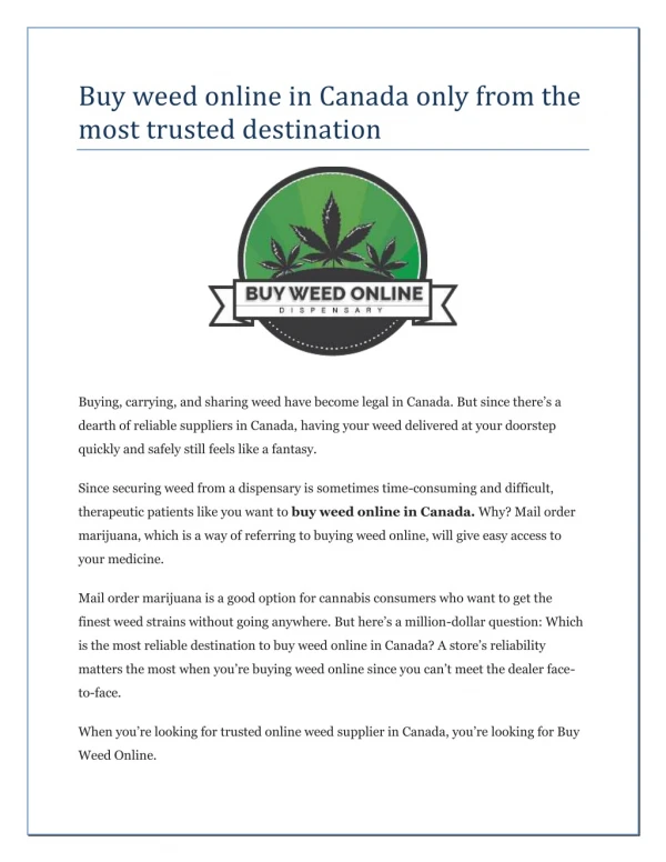 Buy weed online in Canada only from the most trusted destination
