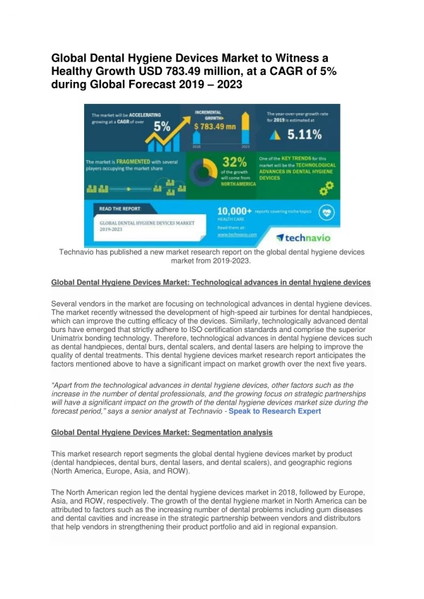 Global Dental Hygiene Devices Market to Witness a Healthy Growth USD 783.49 million, at a CAGR of 5% during Global Forec