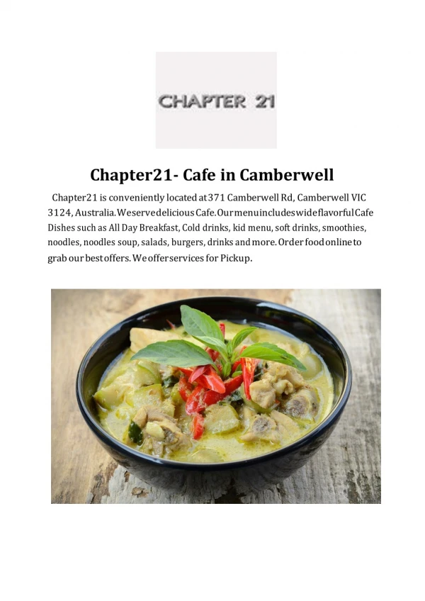 Chapter21 Menu, Camberwell, VIC | Cafe in Camberwell