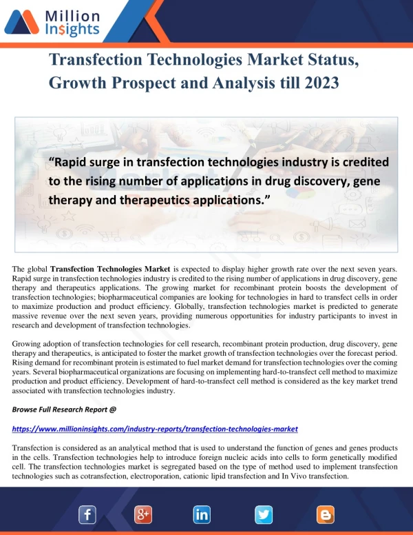 Transfection Technologies Market Status, Growth Prospect and Analysis till 2023