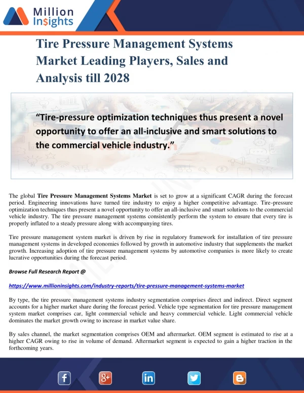 Tire Pressure Management Systems Market Leading Players, Sales and Analysis till 2028
