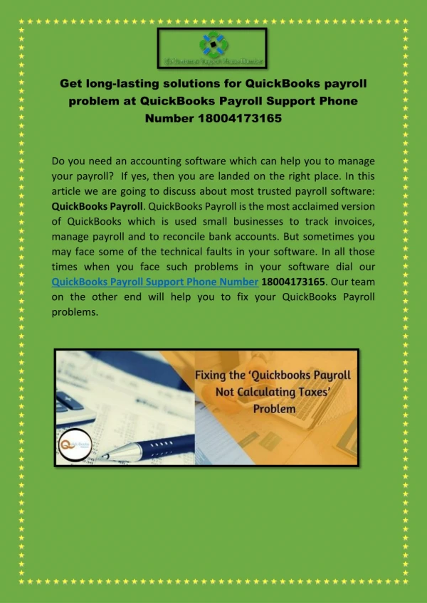 Get long-lasting solutions for QuickBooks payroll problem at QuickBooks Payroll Support Phone Number 18004173165