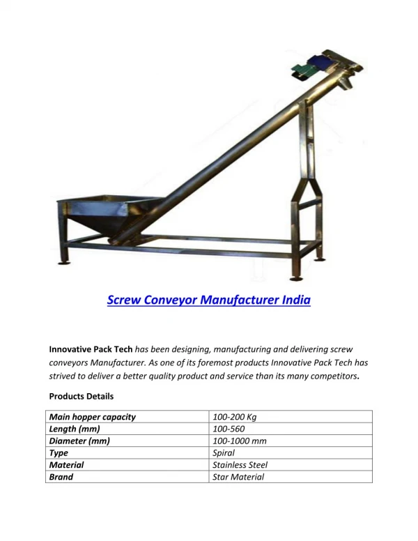 Screw Conveyor Manufacturer India | Manufacturer Company In Noida India