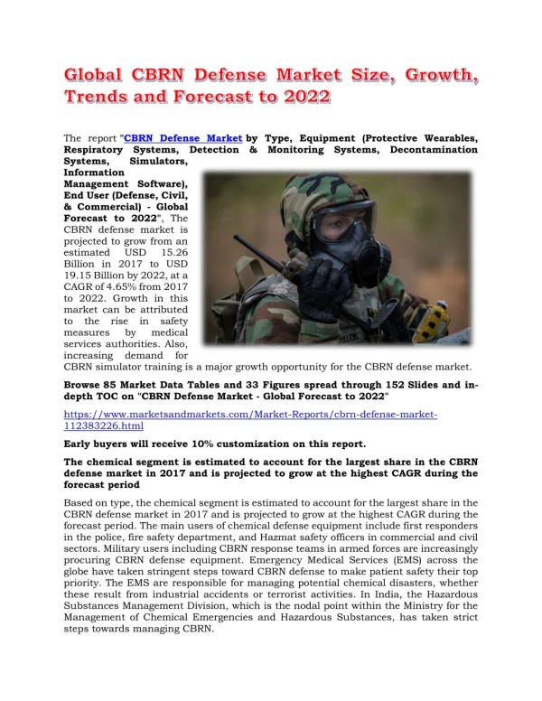 Global CBRN Defense Market Size, Growth, Trends and Forecast to 2022
