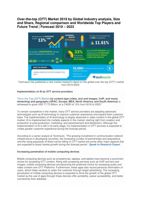 Over-the-top (OTT) Market 2019 by Global Industry analysis, Size and Share, Regional comparison and Worldwide Top Player