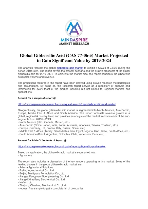 Global Gibberellic Acid (CAS 77-06-5) Market Projected to Gain Significant Value by 2019-2024