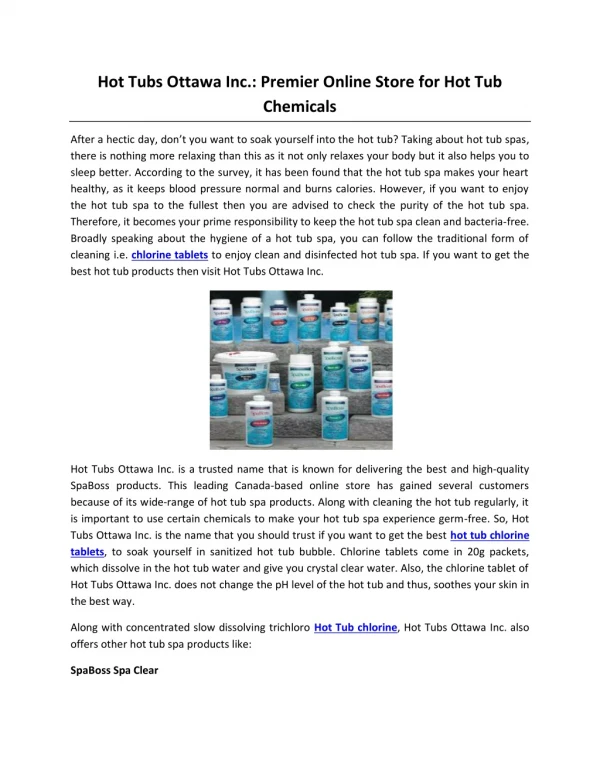 Hot Tubs Ottawa Inc.: Premier Online Store for Hot Tub Chemicals