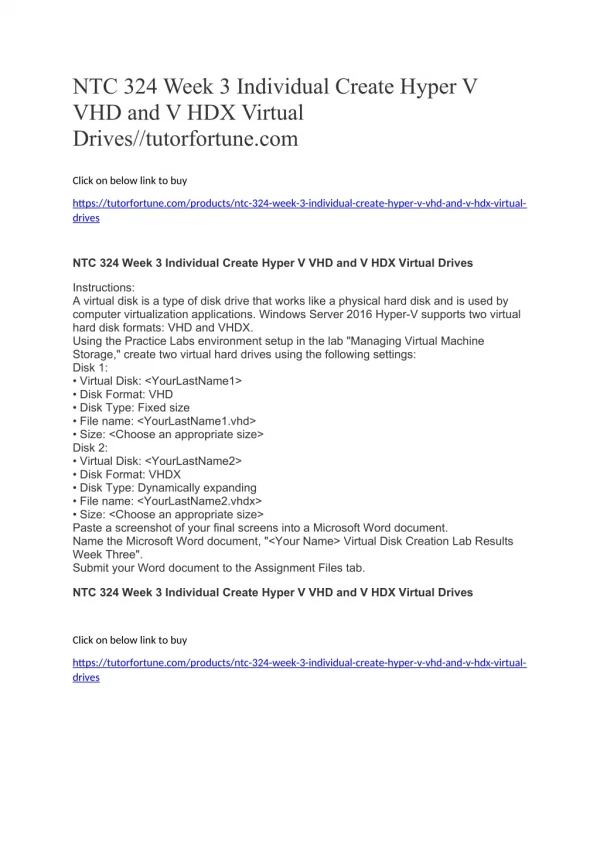 NTC 324 Week 3 Individual Create Hyper V VHD and V HDX Virtual Drives//tutorfortune.com