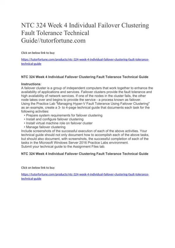 NTC 324 Week 4 Individual Failover Clustering Fault Tolerance Technical Guide//tutorfortune.com