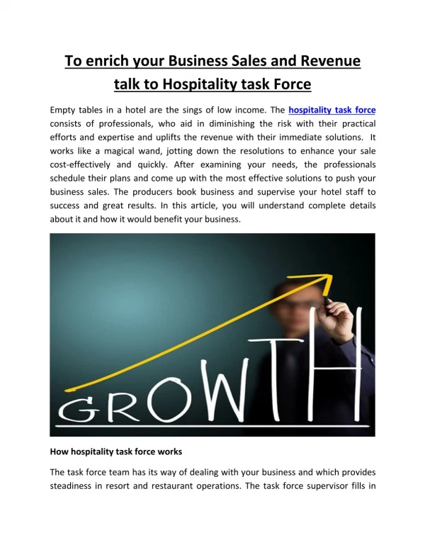 To enrich your Business Sales and Revenue talk to Hospitality task Force
