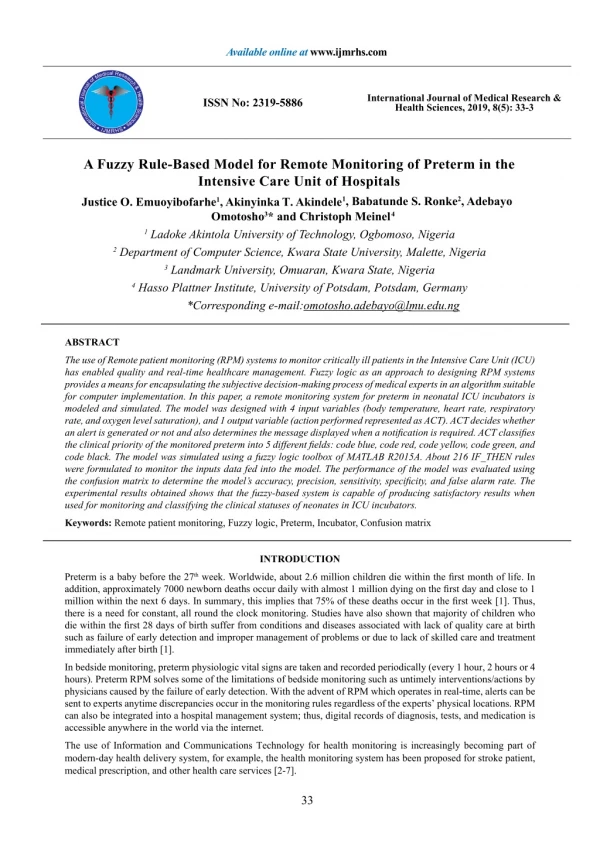 A Fuzzy Rule-Based Model for Remote Monitoring of Preterm in the Intensive Care Unit of Hospitals Justice O. Emuoyibofar