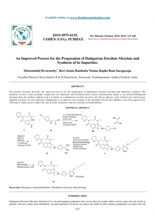 An Improved Process for the Preparation of Dabigatran Etexilate Mesylate and Synthesis of its Impurities