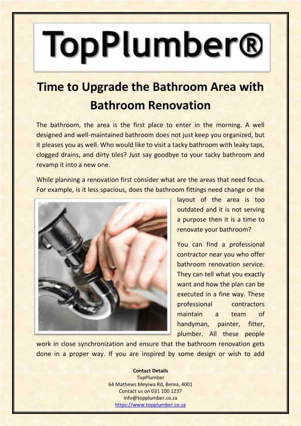 Time to Upgrade the Bathroom Area with Bathroom Renovation