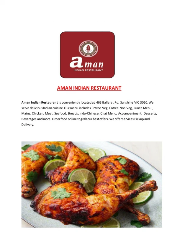 AMAN INDIAN RESTAURANT-Sunshine - Order Food Online
