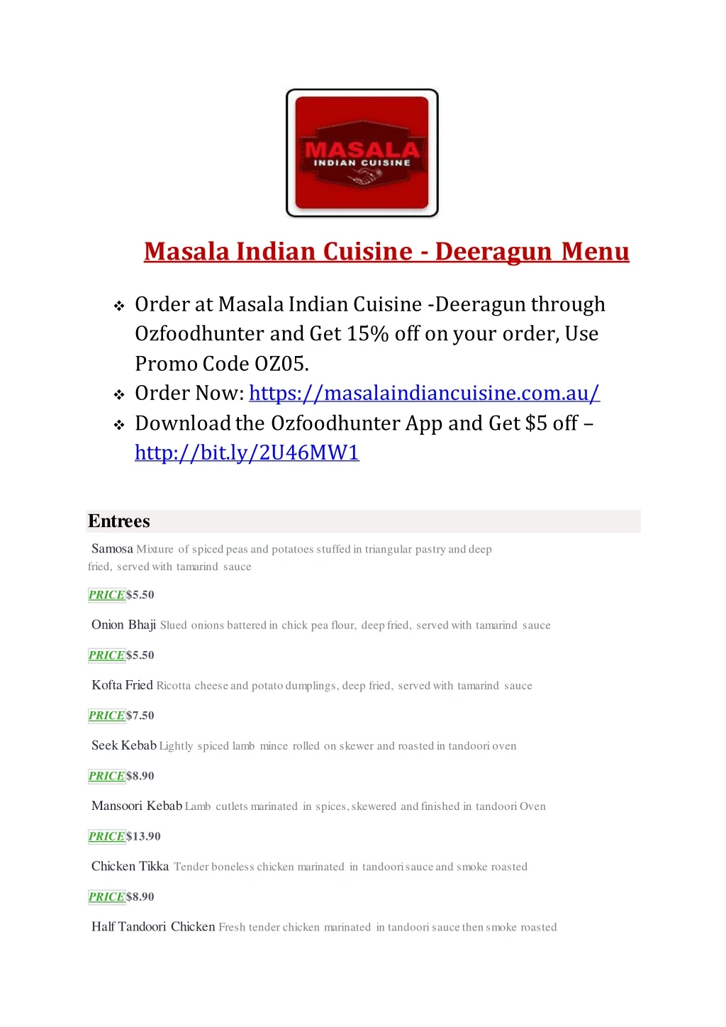 masala indian cuisine deeragun menu order