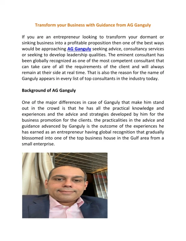Transform your Business with Guidance from AG Ganguly