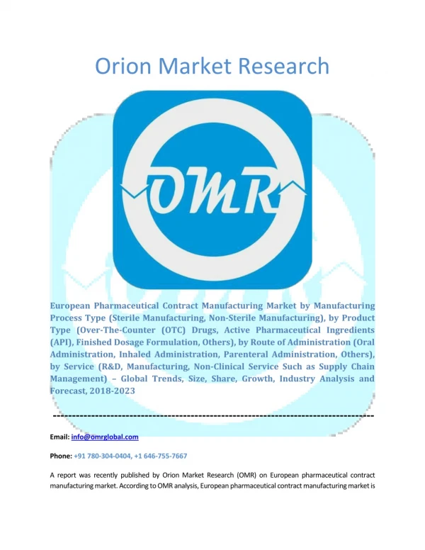 European Pharmaceutical Contract Manufacturing Market: Industry Growth, Size, Share and Forecast 2018-2023