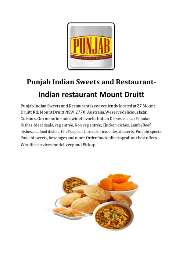 Punjab Indian Sweets & Restaurant Menu | Indian restaurant in Mount Druitt NSW