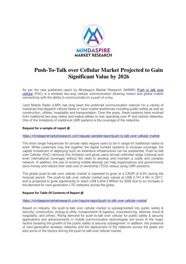 Push-To-Talk over Cellular Market Projected to Gain Significant Value by 2026