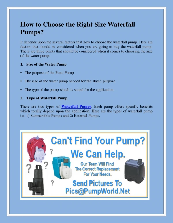 How to Choose the Right Size Waterfall Pumps?
