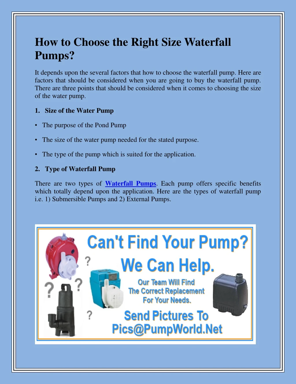 how to choose the right size waterfall pumps